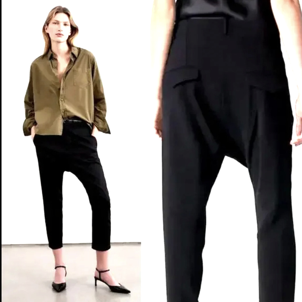 Nili Lotan 4 Drop Crotch Paris Pants $495 Slouchy Trousers Cropped Jet Black NWT